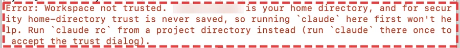 ターミナルに赤い文字で Error: Workspace not trusted と出ている画面